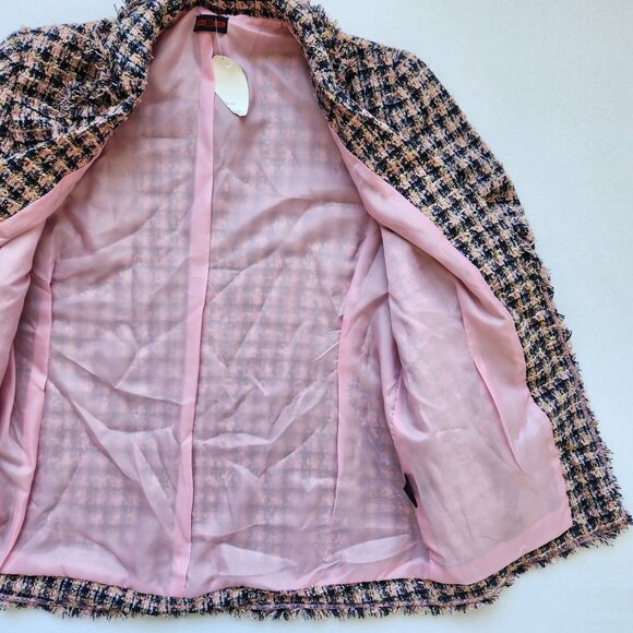 Houndstooth Tweed Pink Blazer Fringed Preppy Legally Blonde Cute Corpcore Classy - Picture 10 of 13